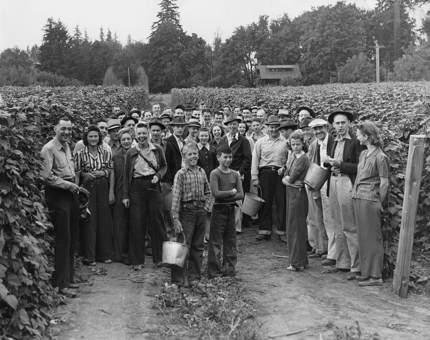 Ladd and Bush Bank employees, 1945 Item Description: Employees and officers of Ladd and Bush Bank of Salem, Oregon, are shown helping the community bean picking campaign following the bank closure. Original Collection: Harriet's Collection Item Number: HC 972 Taken sometime in 1945