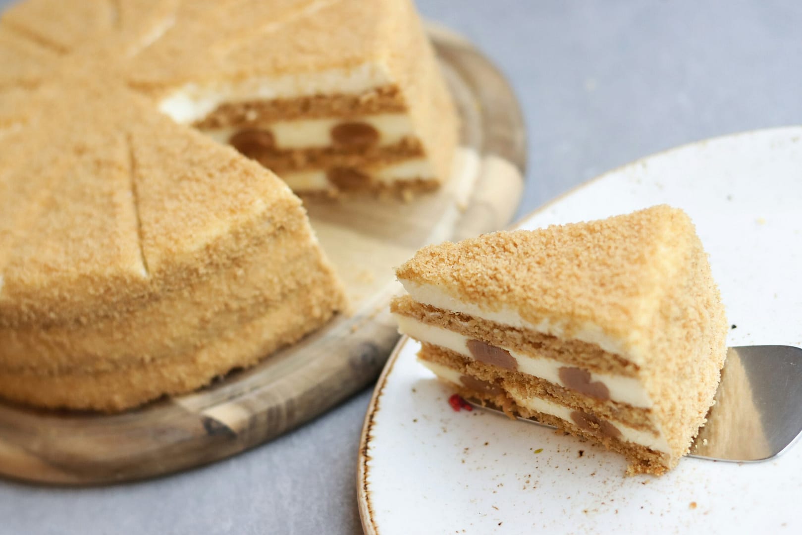 a piece of cake sitting on top of a white plate