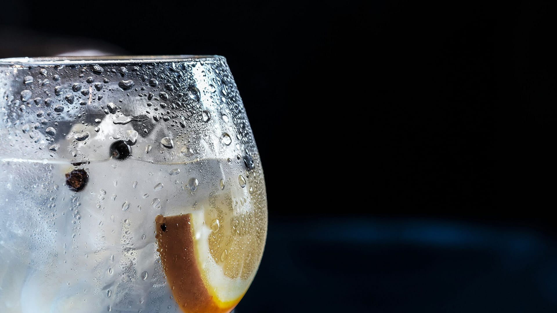 close-up photography of chilled wine glass with clear beverage and slice of lemon